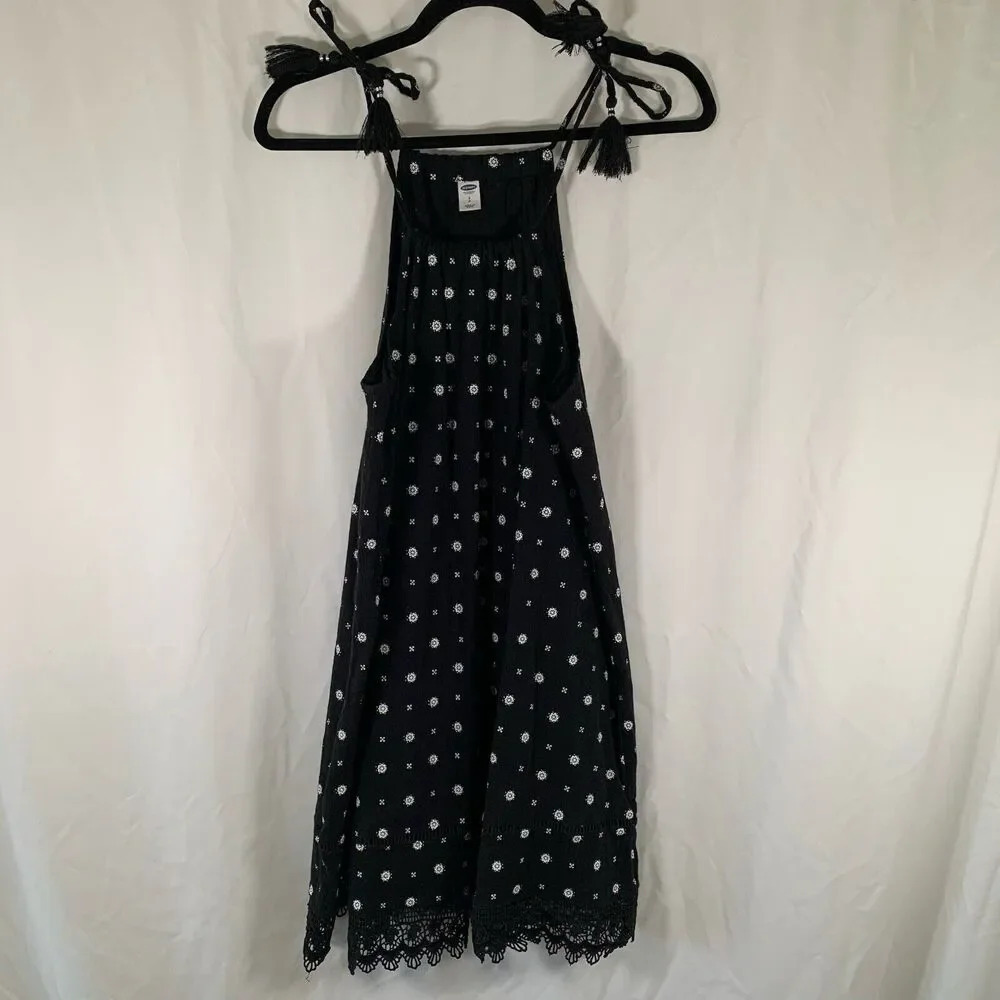 Old Navy Mini Dress Women's Small Black Floral Crochet Trim Tassel
